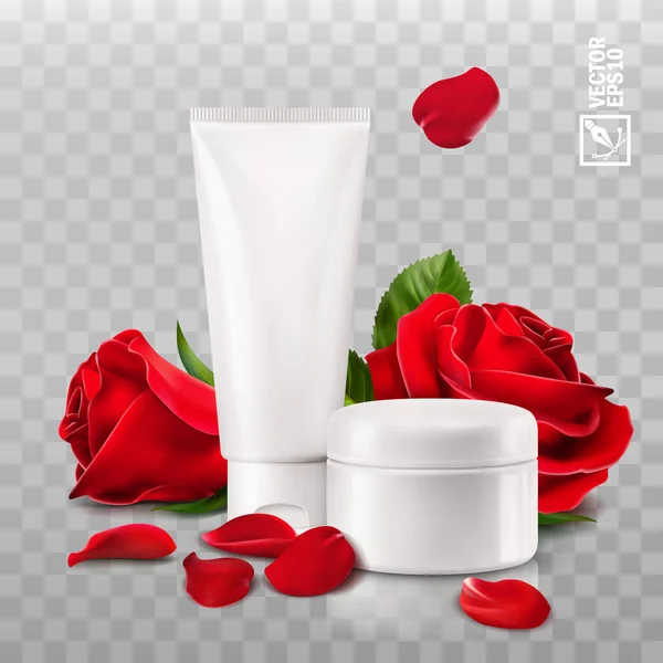 Realistic Isolated Vector Mockup Jar Tube Cosmetic Cream Flowers Red — Stock Vector