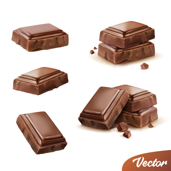 realistic isolated vector icon set, pieces of milk or dark chocolate with crumbs, movable