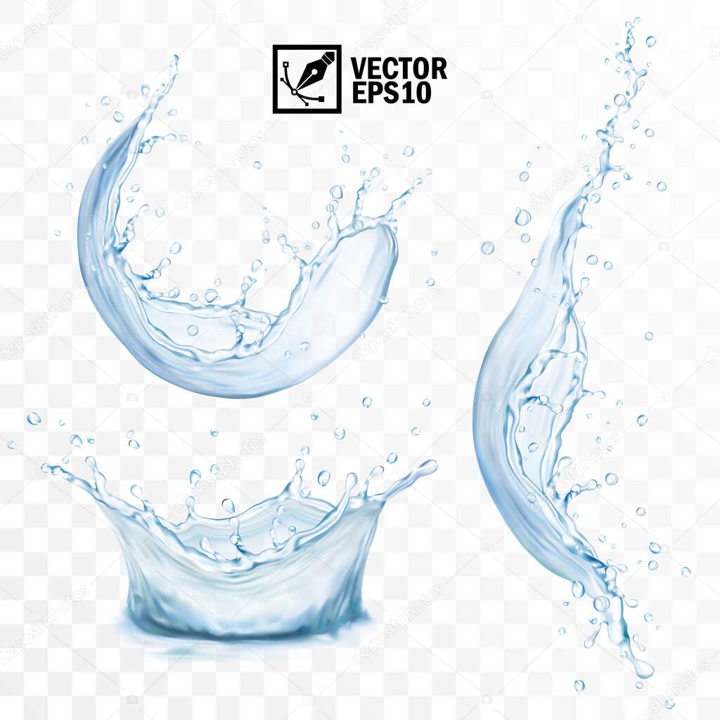 Realistic transparent isolated vector set splash of water with drops, a splash of falling water, a splash in the form of a crown, a splash in the form of circle