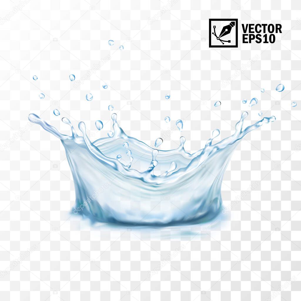 Realistic transparent isolated vector splash of water with drops. Editable handmade mesh