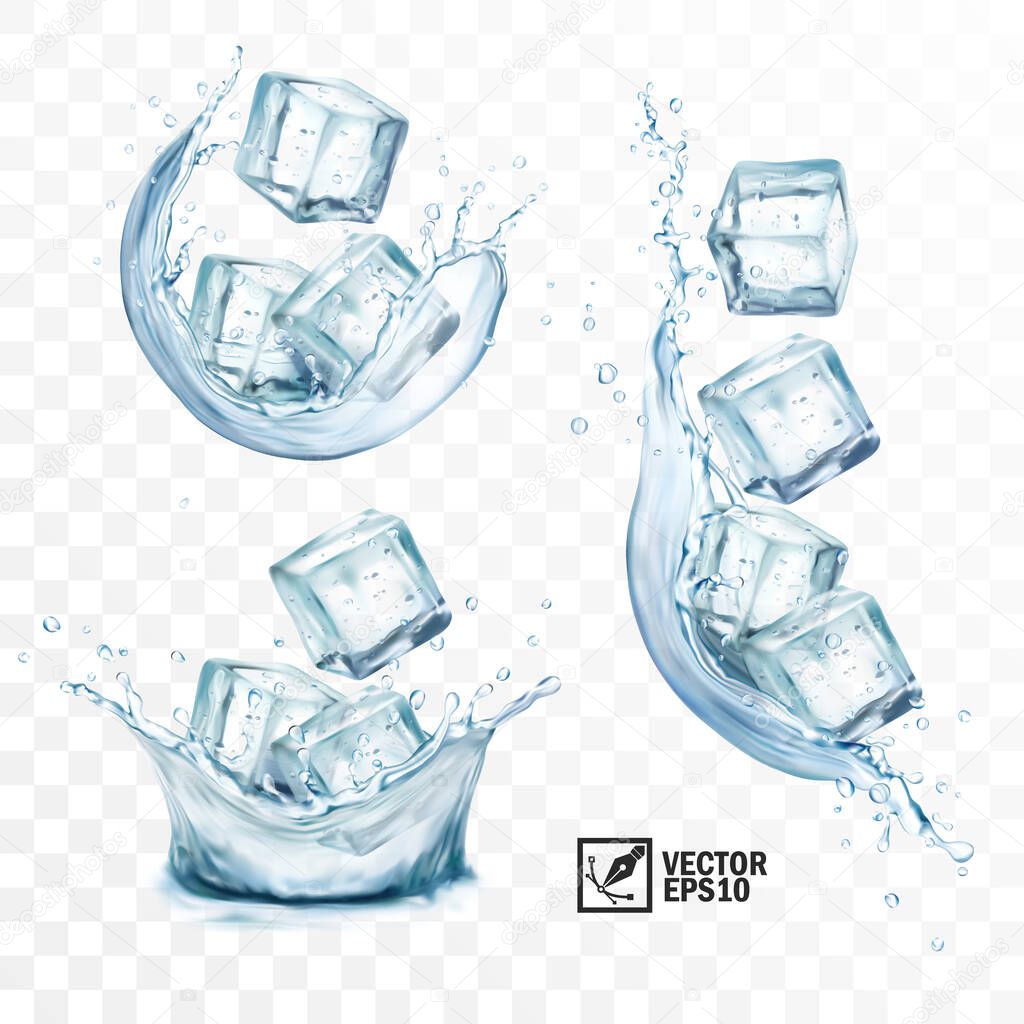realistic vector transparent ice cubes in different spurts and splashes of water, vertical and horizontal