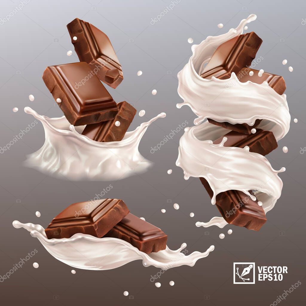 Realistic vector set,splash of chocolate pieces in a spray of milk or yogurt, cocoa or coffee, swirl and drop