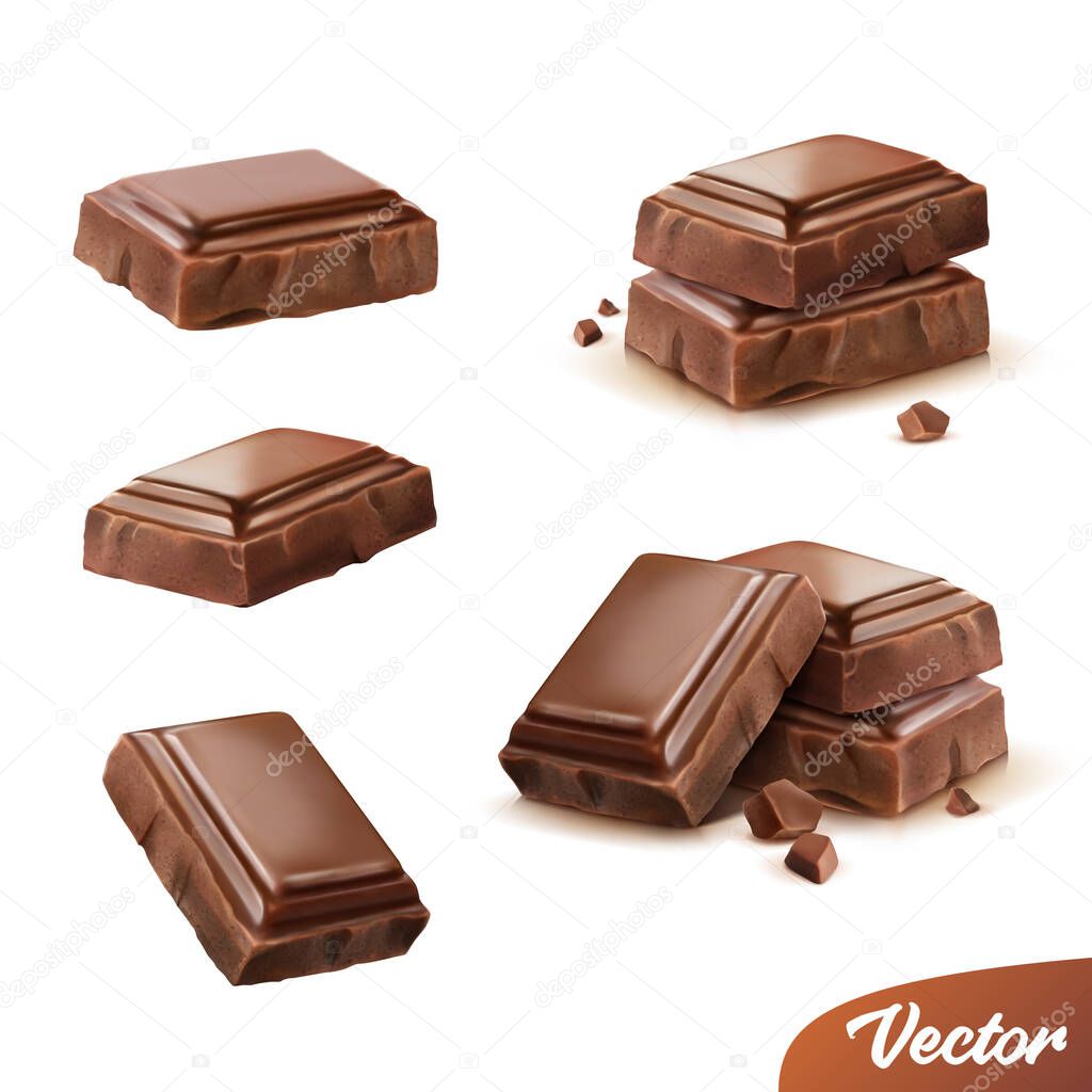 Realistic isolated vector icon set, pieces of milk or dark chocolate with crumbs, movable