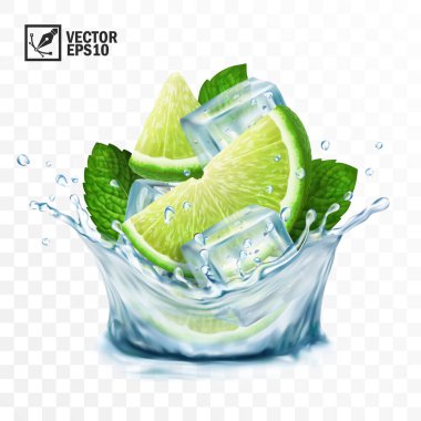gerçekçi şeffaf vektör sıçrama mojito, buz küpleri, nane yaprakları, su sıçrama ve limon