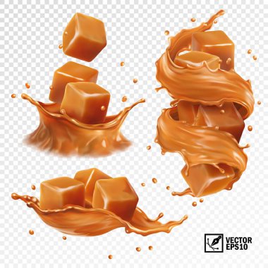 realistic vector set of a splash of caramel, slices and pieces of caramel, a splash in the form of a crown and a swirl clipart