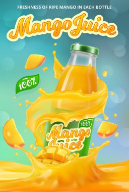 3d dikey pankartta 3 boyutlu mango suyu reklamı, bir şişe mango suyu ve bir logo.
