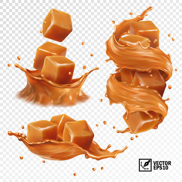 realistic vector set of a splash of caramel, slices and pieces of caramel, a splash in the form of a crown and a swirl