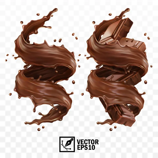 Realistische Vectorset Verticale Scheut Chocolade Cacao Koffie Stukjes Chocoladereep Werveling — Stockvector