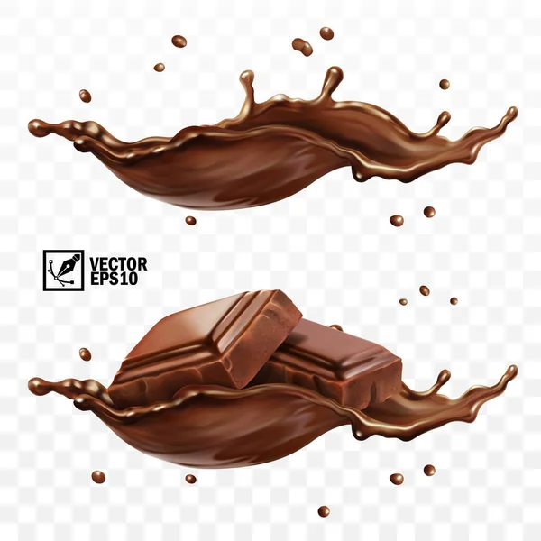 Ensemble Vectoriel Réaliste Éclaboussure Horizontale Chocolat Cacao Café Morceaux Barre — Image vectorielle