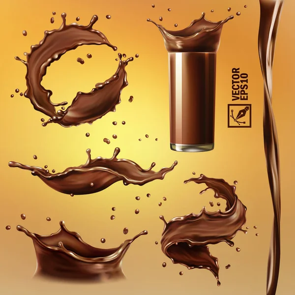 3d realistische geïsoleerde vector set, verschillende spatten chocolade, cacao of koffie, een transparant glas met een plons, een stromende stroom, vortex — Stockvector