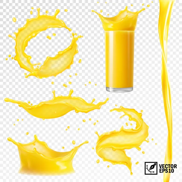 Conjunto realista 3D de vetor isolado diferentes salpicos de suco de laranja, manga, bananas e outras frutas, vidro transparente com um respingo, spray e suco de vórtice —  Vetores de Stock