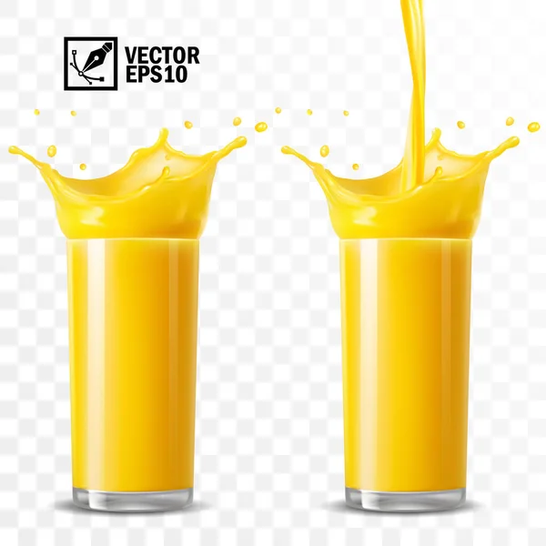 3d realistic transparent vector glasses with a splash of orange juice — Stock Vector