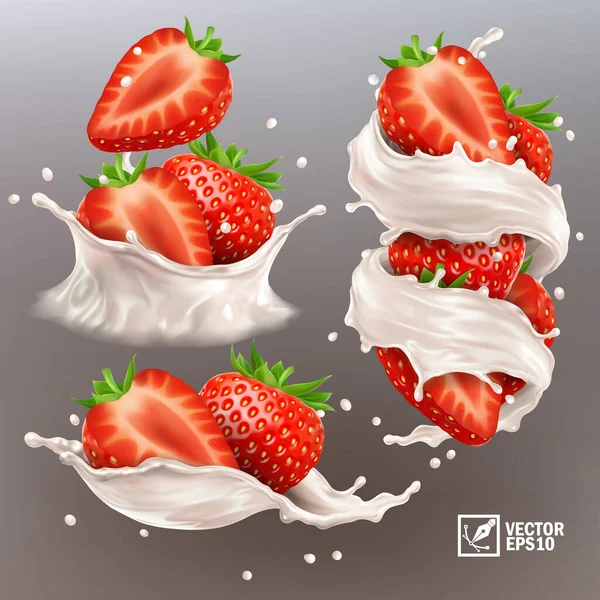 3D realistischer Vektorsatz aus verschiedenen Spritzern Milch oder Joghurt mit ganzen und halbierten Erdbeerstücken — Stockvektor