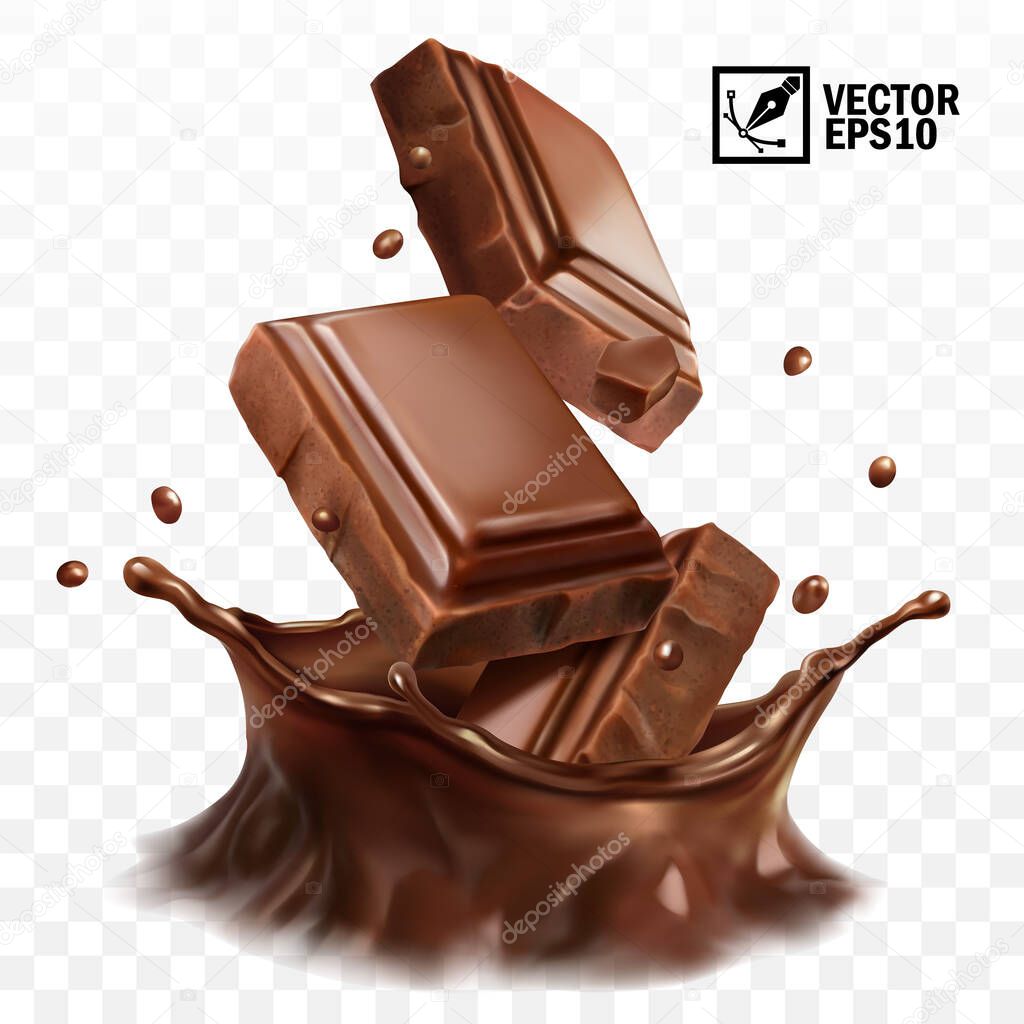 Realistic vector crown splash of chocolate, cocoa or coffee, pieces of chocolate bar, swirl