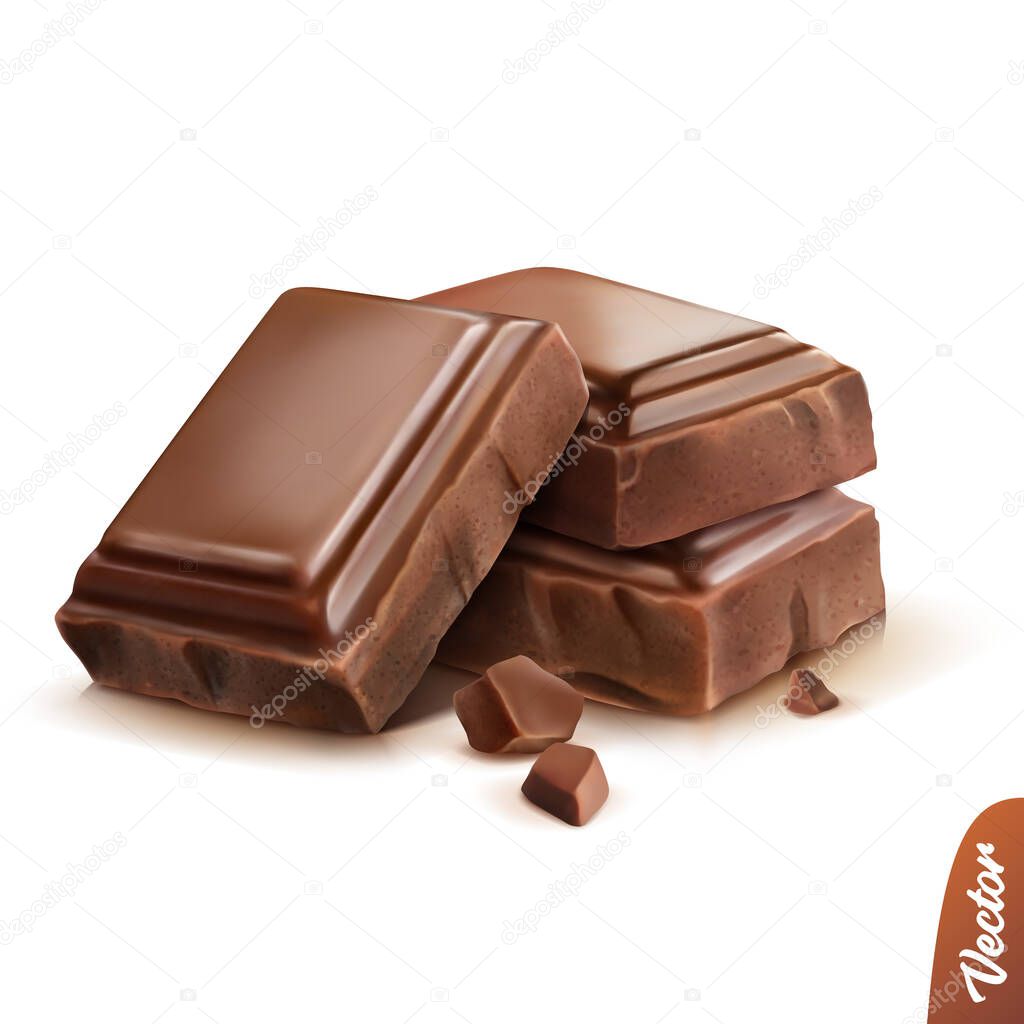Realistic isolated vector icon, three pieces of milk or dark chocolate with crumbs
