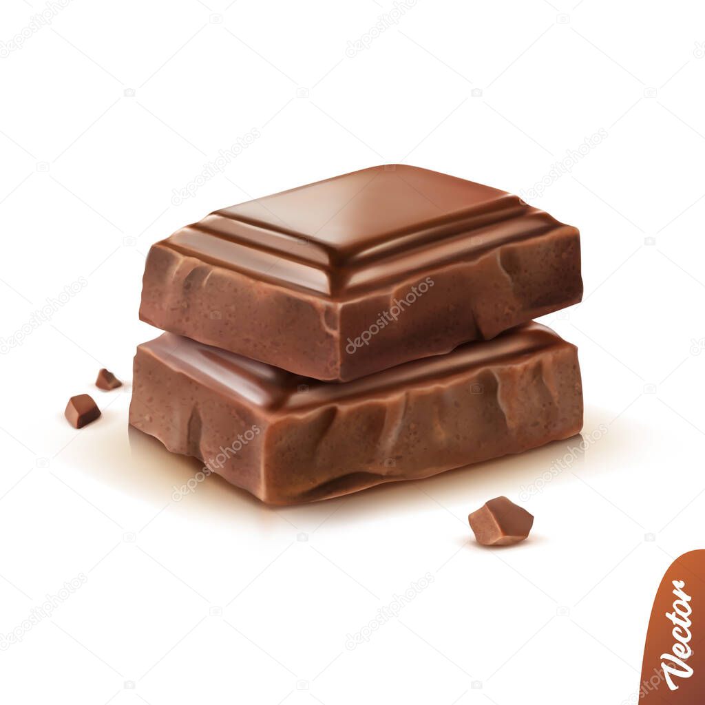 Realistic isolated vector icon, two pieces of milk or dark chocolate with crumbs