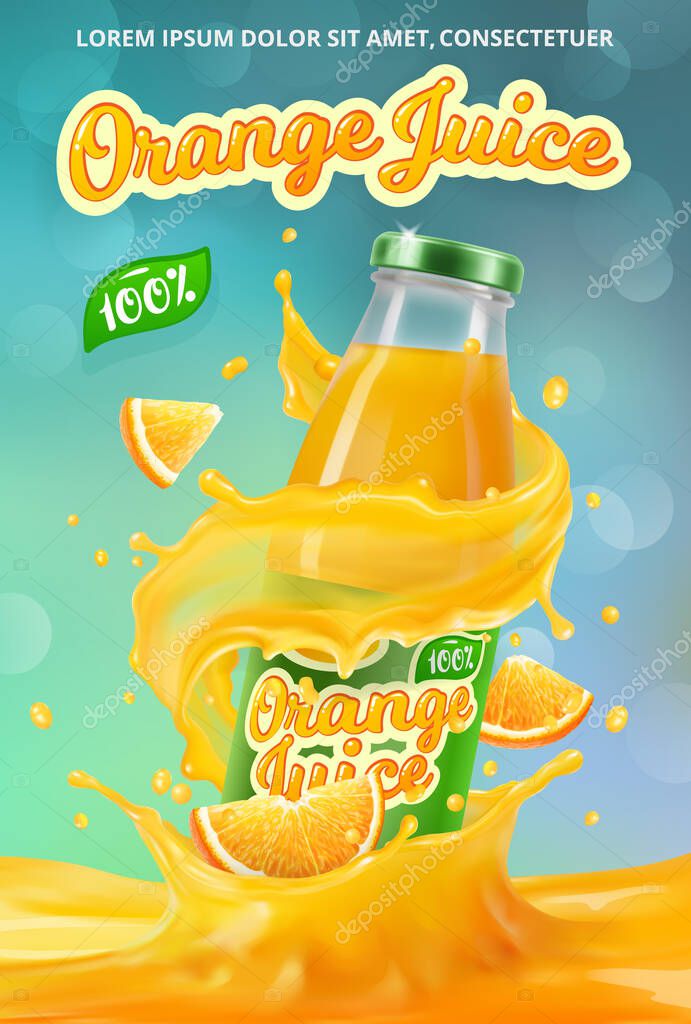 Vertical banner with 3D realistic advertising of orange juice, a bottle in a splash of orange juice among the splashes and a logo
