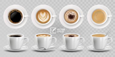 3D gerçekçi vektör izole edilmiş beyaz kahve fincanları kaşık, üst ve yan görüş, cappuccino, americano, espresso, mocha, latte
