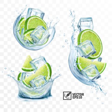 Gerçekçi şeffaf vektör kümesi sıçrama mojito, buz küpleri, nane yaprakları, su sıçraması ve kireç