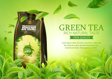 3D gerçekçi vektör yatay afişi, doğa, yeşil çay bahçesi arka planı, çay paketleme ve uçan yapraklar tasarımınız için, reklamlar
