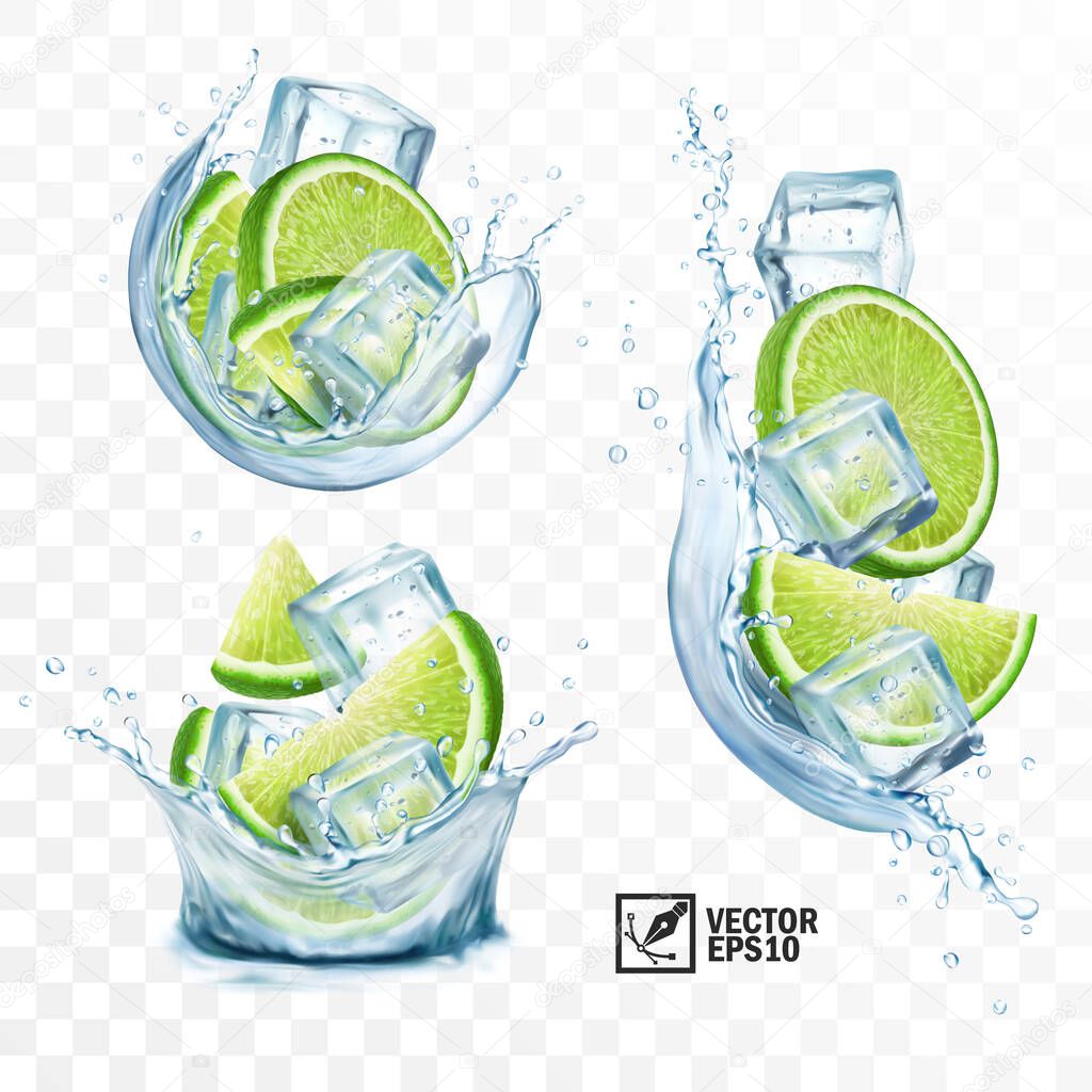Realistic transparent vector set splash mojito, Ice cubes, mint leaves, water splash and lime