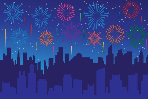 Vector Illustration Festive Fireworks Display City Night Scene Holiday Celebration — Stock Vector