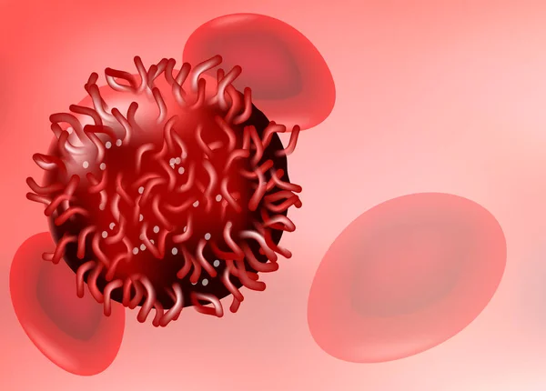 Célula cancerosa en flujo sanguíneo. Eritrocitos y células anormales en rojo — Vector de stock