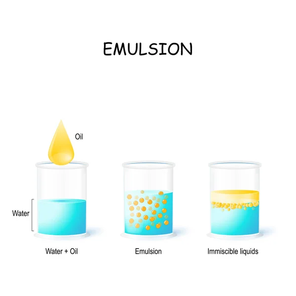 Émulsion. Goutte d'huile et 3 verres (eau, émulsion et non miscible — Image vectorielle