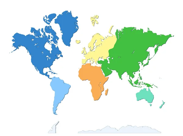 Antarktika Ile Dünya Haritası Yedi Kıta Her Kıta Farklı Renkte — Stok Vektör