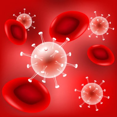 Kanlı Coronavirus. Virion COVID-19 ve kırmızı arka planda kırmızı kan hücreleri. Vektör çizimi. MERS-Cov. Romantik Coronavirüs.