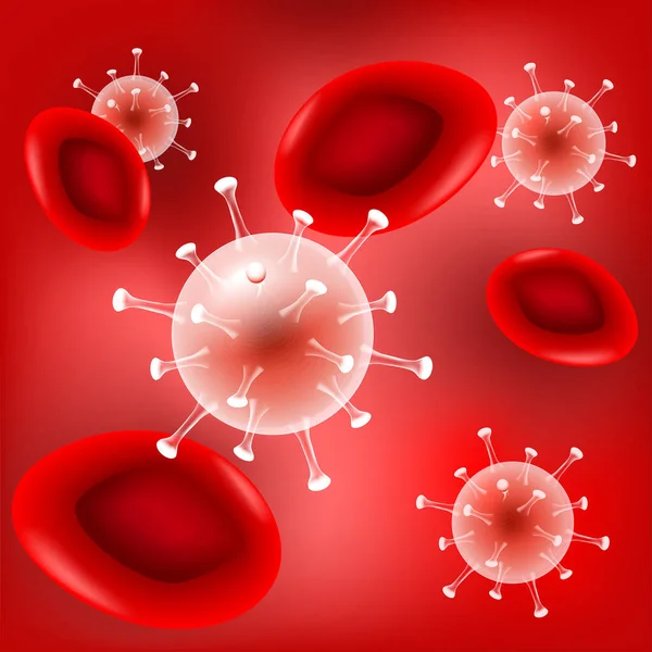 Coronavirus Sangre Virión Covid Glóbulos Rojos Sobre Fondo Rojo Ilustración — Vector de stock