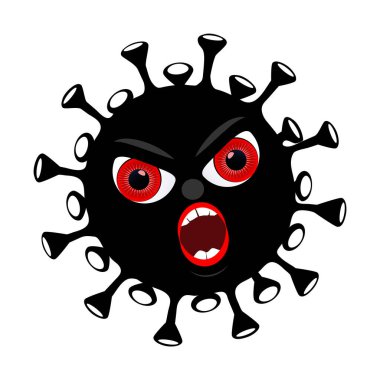 Coronavirus 2019-NCoV 'un duyguları. COVID-19 virüs sembolü. Kötülüğün gülümsemesi. Virüsün çizgi film ikonu. Siyah ve kırmızı. Grip salgını. Grip salgını.