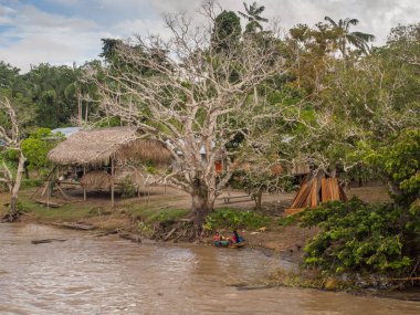 Amazon Nehri, Peru - 12 Mayıs 2016: Amazon Nehri kıyısında küçük bir köy