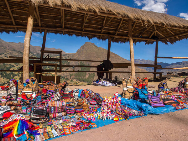 Pisac, Peru - May 19, 2016: Market near the entrance to Pisac ruins.