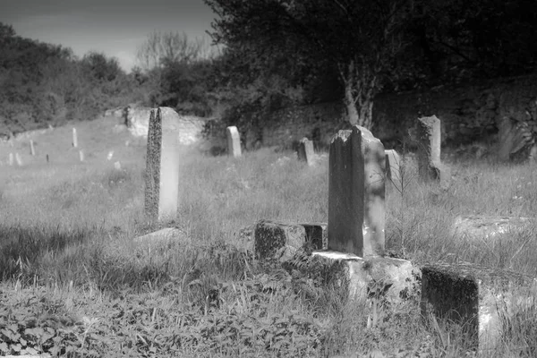 Gravestones in old cemetery, bw — Stock Photo, Image