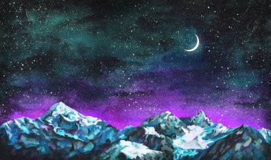 Yıldızlı gece gökyüzü, ay ve dağlar ile suluboya manzara.