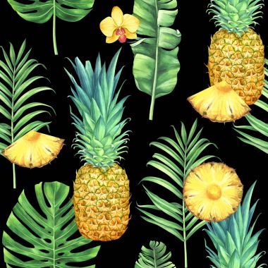 Ananas, tropikal yaprak ve çiçek siyah arka plan üzerine ile Seamless suluboya modeli.
