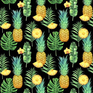 Ananas, tropikal yaprak ve çiçek siyah arka plan üzerine ile Seamless suluboya modeli.