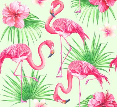 Çiçekler, palmiye yaprakları ve flamingo yeşil arka plan üzerinde sulu boya Dikişsiz tropikal desen.