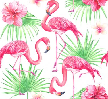 Çiçekler, palmiye yaprakları ve flamingo beyaz arka plan üzerinde sulu boya Dikişsiz tropikal desen.