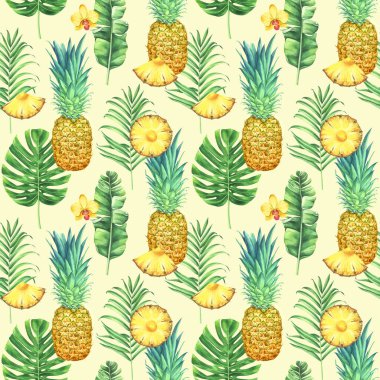 Ananas, tropikal yaprak ve çiçek Sarı zemin üzerine ile Seamless modeli. El suluboya resim çekilmiş.