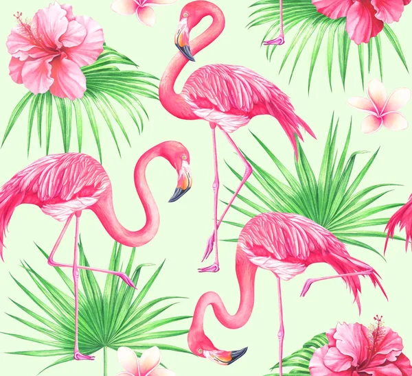 Watercolor seamless tropical pattern with flowers, palm leaves and flamingo on green background.