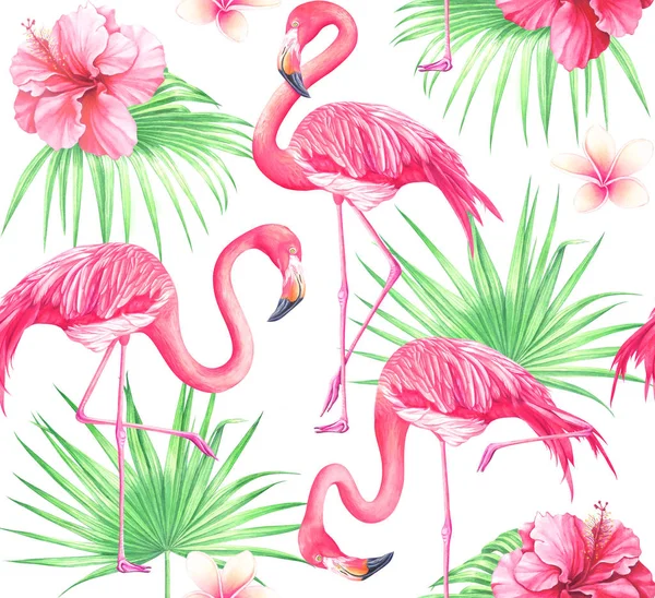 Akvarell sömlös tropiska mönster med blommor, palmblad och flamingo på vit bakgrund. — Stockfoto