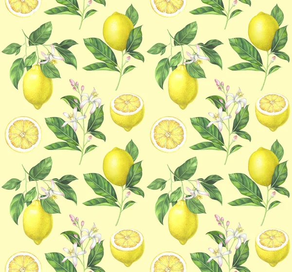 Sarı zemin üzerine suluboya limon desen — Stok fotoğraf