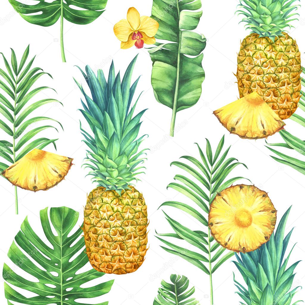 Seamless watercolor pattern with pineapples, tropical leaves, and flowers on white background.
