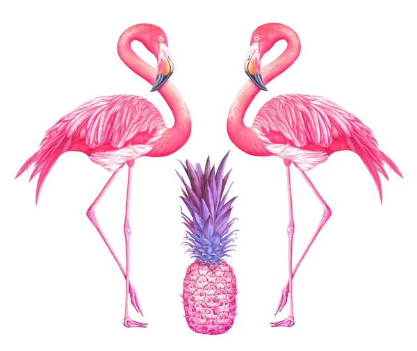 Dwa flamingi akwarela z pink ananas na białym tle. — Zdjęcie stockowe