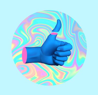 Elinde baş parmak gösteren fütüristik holografik poster. Asgari sanat, 3D illüstrasyon.