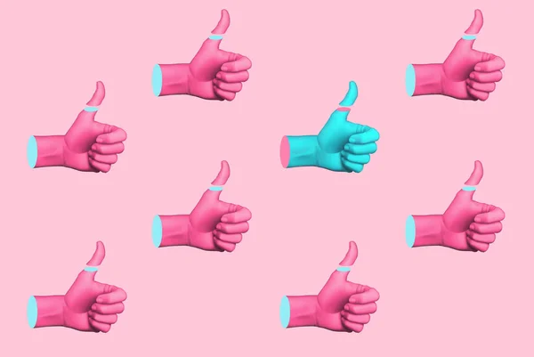 Contemporary art collage with hands showing thumbs up. Minimal art, 3d illustration. — Stock Photo, Image