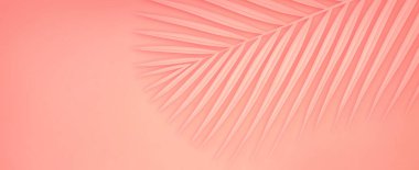 Fotokopi alanı olan mercan yaz arka planı. Pastel renklerde tropikal palmiye dalının 3 boyutlu çizimi. Asgari yaz konsepti.