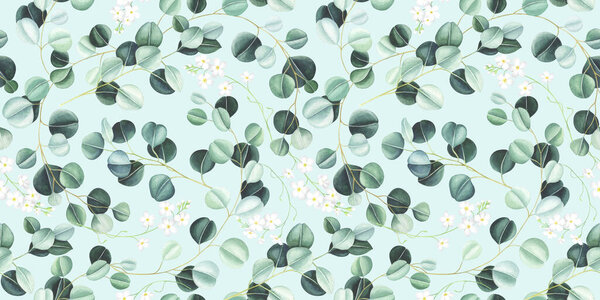 Seamless pattern with eucalyptus leaves and little white flowers on turquoise background. Watercolor hand drawn illustration.